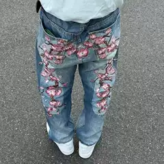 Ins Cross-Border European and American Retro Printed Jeans for Women Y2K Street Niche Design Loose and Versatile Straight Pants Trendy