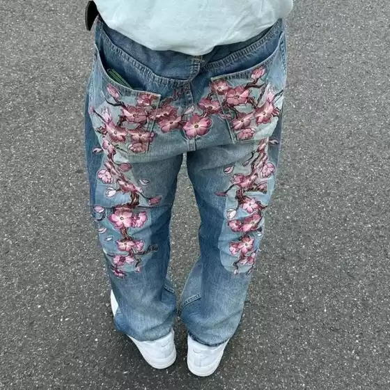 Ins Cross-Border European and American Retro Printed Jeans for Women Y2K Street Niche Design Loose and Versatile Straight Pants Trendy