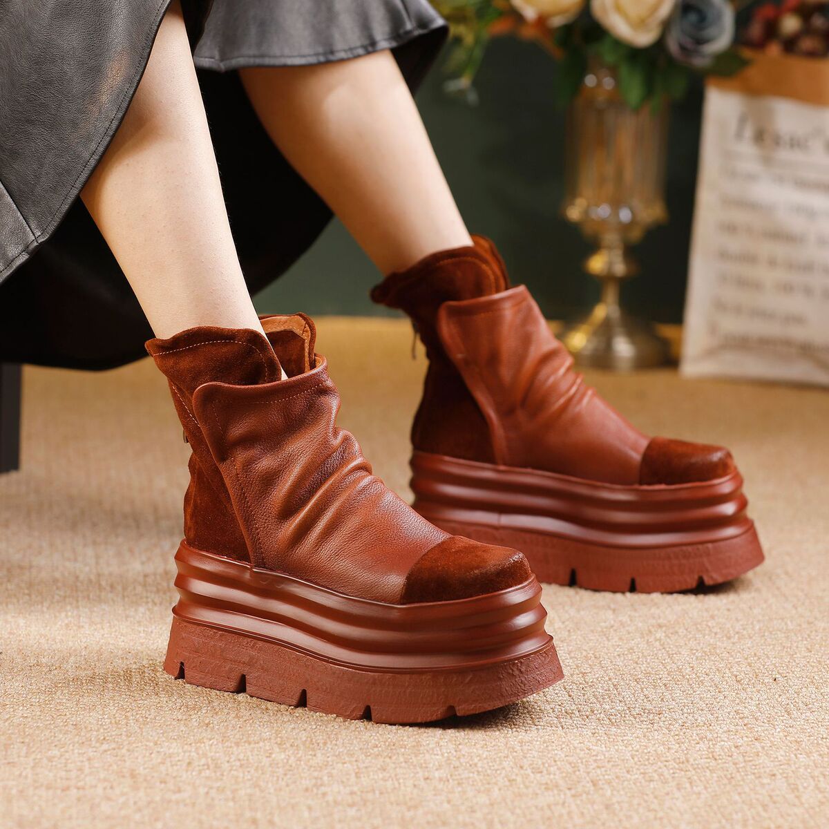 Boot nữ cổ thấp da bò thật đế dày phong cách cổ điển — màu đen, nâu