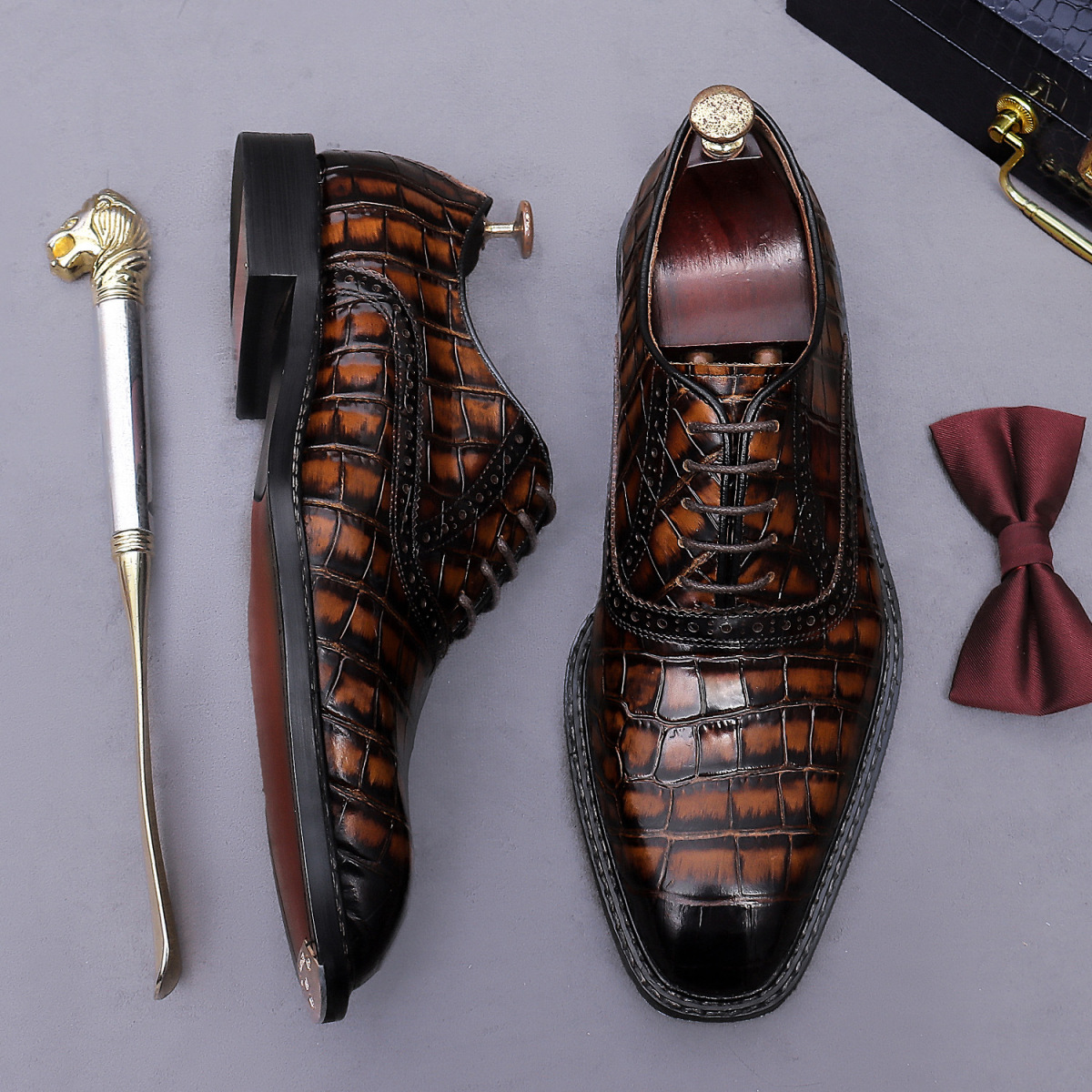 Giày Oxford nam da bò thật họa tiết kẻ sọc phong cách Anh Quốc — Xám xanh, Màu caramel