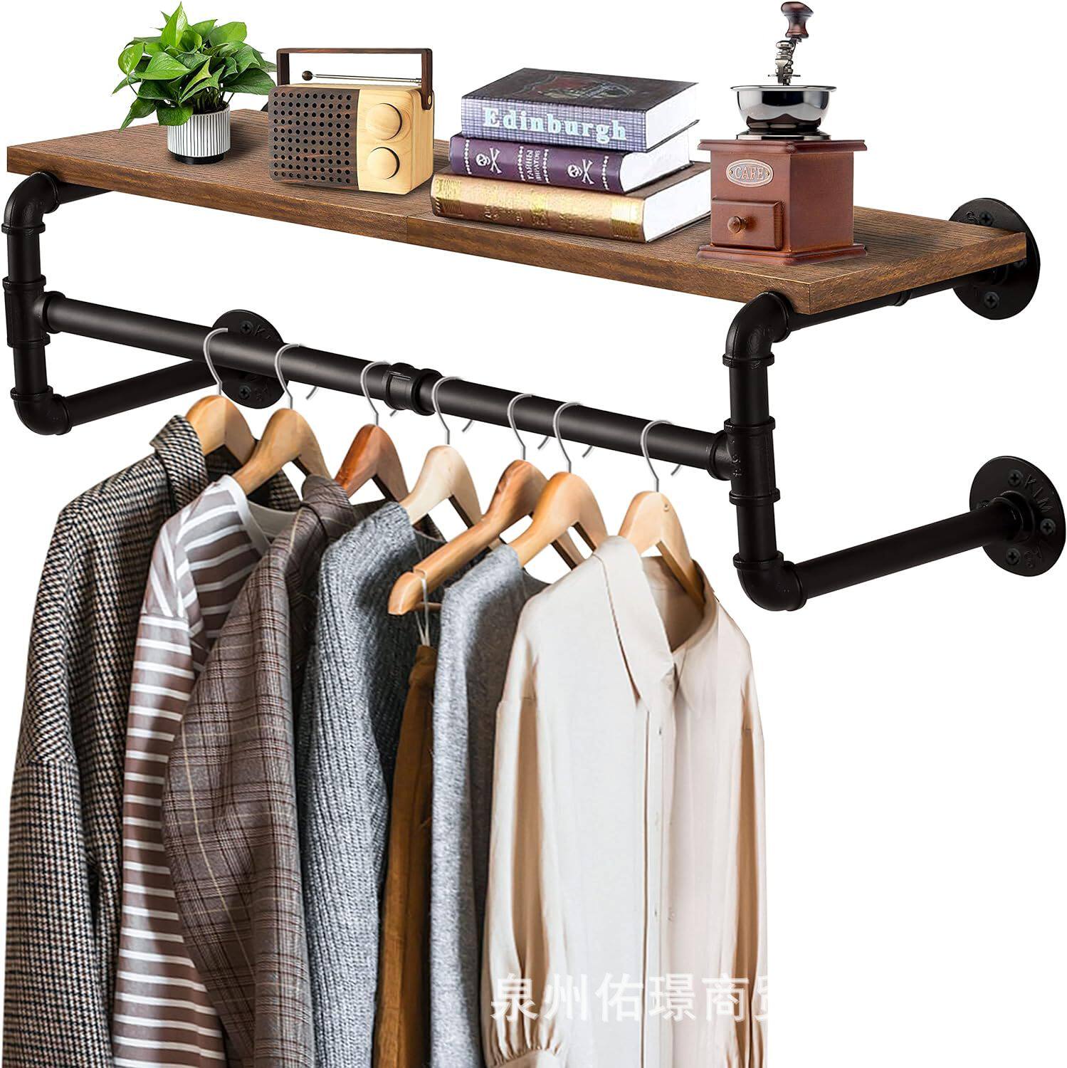 Industrial Water Pipe Wall-Mounted Clothing Rack Hanger with Top Rack Display Hanging Hanger One-Word Shelf Wall Hanging Hanger