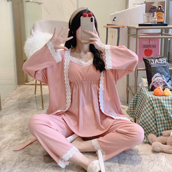 2026 Postpartum Clothing Combed Cotton Spring March Three-Piece Set Prenatal and Postpartum Maternity Pajamas with Breast Pads Nursing Clothes April