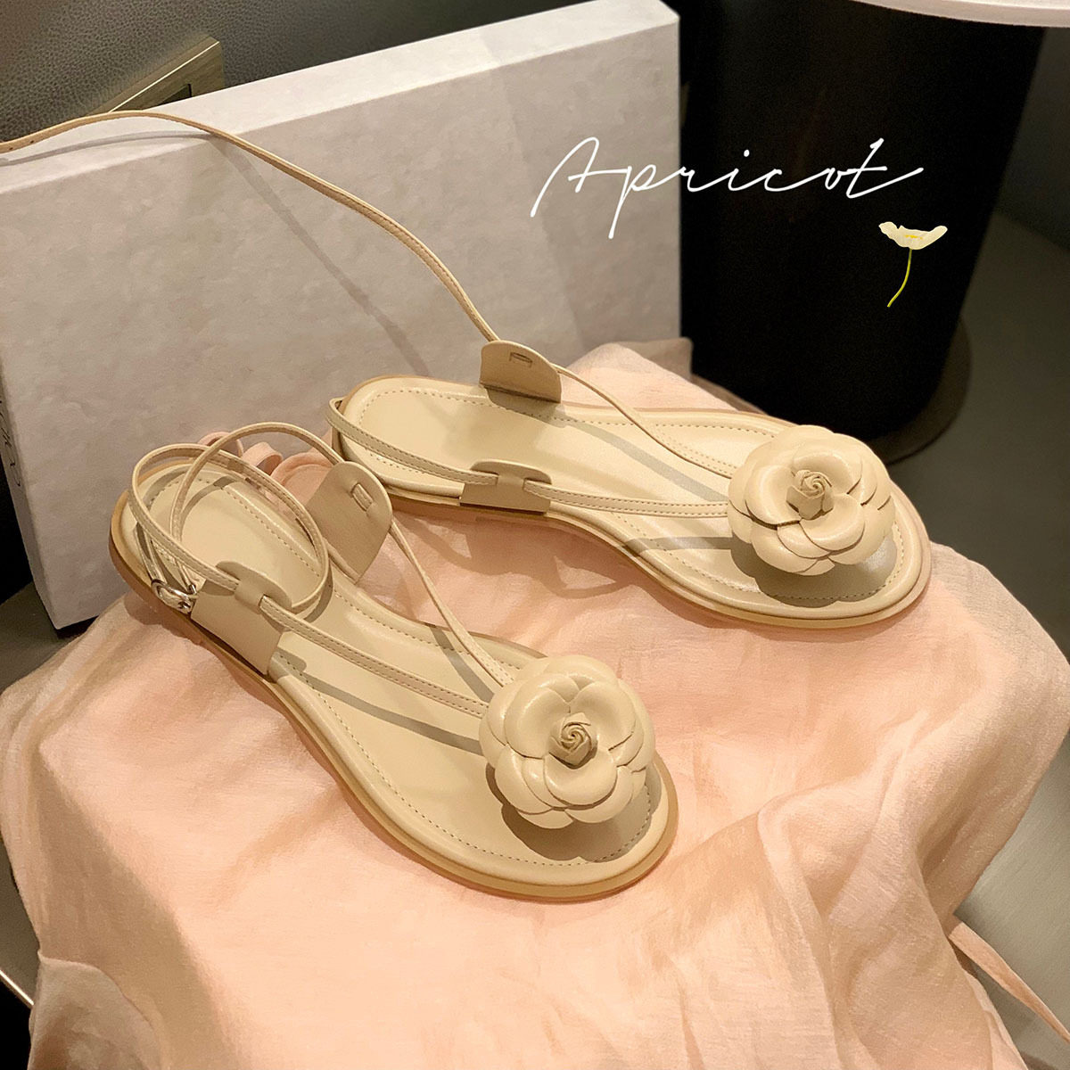 small fragrant camellia holiday style flower thong strap round toe flat comfortable sandals for women