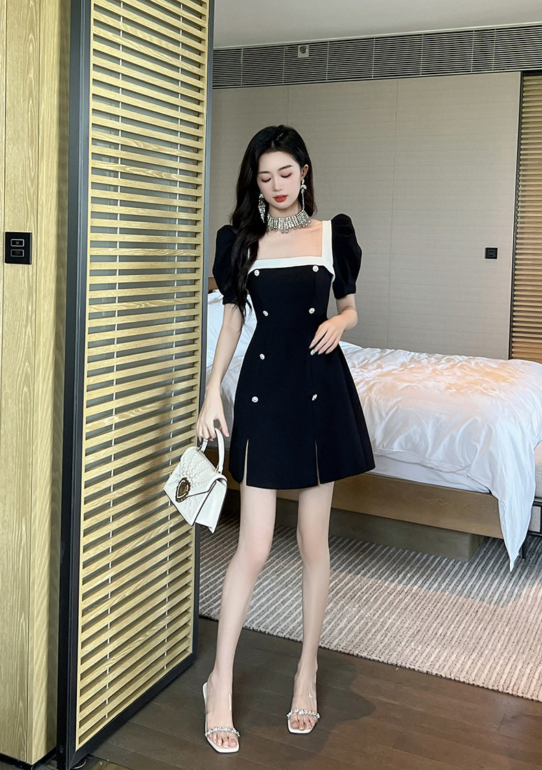 Đầm suông nữ midi cổ vuông tay ngắn, dáng chữ A, nhấn eo, phong cách Pháp — [Đen] chi tiết 15