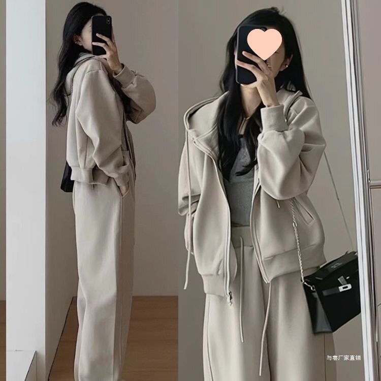 Autumn and Winter Casual Sweatshirt Sports Suit Women's Fashion Loose Large Size Slimming Age-Reducing Wide-Leg Pants Running Two-Piece Set