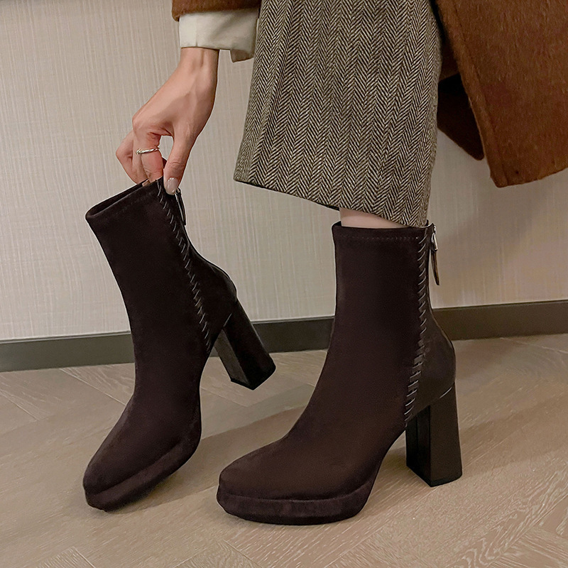 Boot nữ mũi nhọn gót thô cao 9cm cổ ngắn ôm chân phối da cừu — Lớp lót đơn màu đen, Lớp lót đơn màu nâu, Lót nhung đen, Lót nhung màu nâu