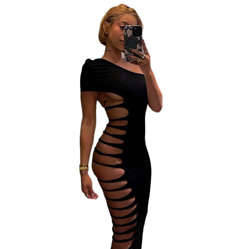 Sleeveless Bodycon Dress Fashionable Solid Color Hollow Out Design Asymmetrical Shoulder Spring Summer Casual Wear