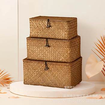 Seagrass Woven Storage Basket Frame Straw Woven Storage Basket Rattan with Lid Desktop Sundries Snacks Storage Box