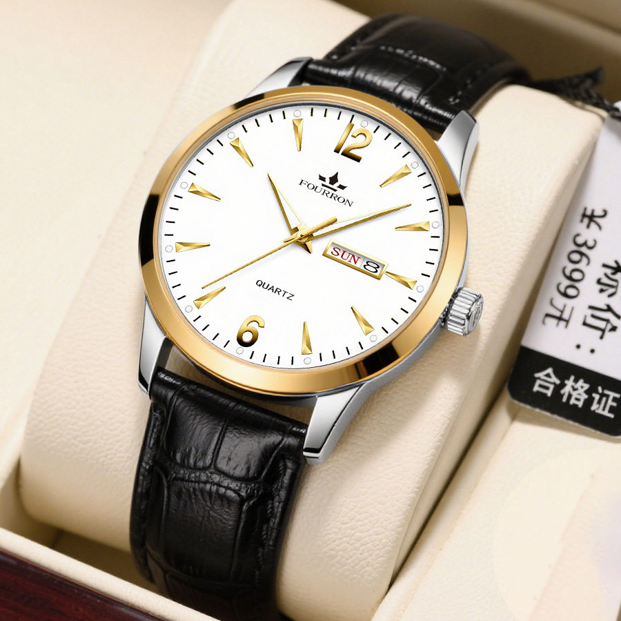 Men's Watch with Dual Calendar, Luminous, Genuine Leather Strap, Digital, Wholesale Waterproof Wristwatch for Men, Large Dial, Business Style