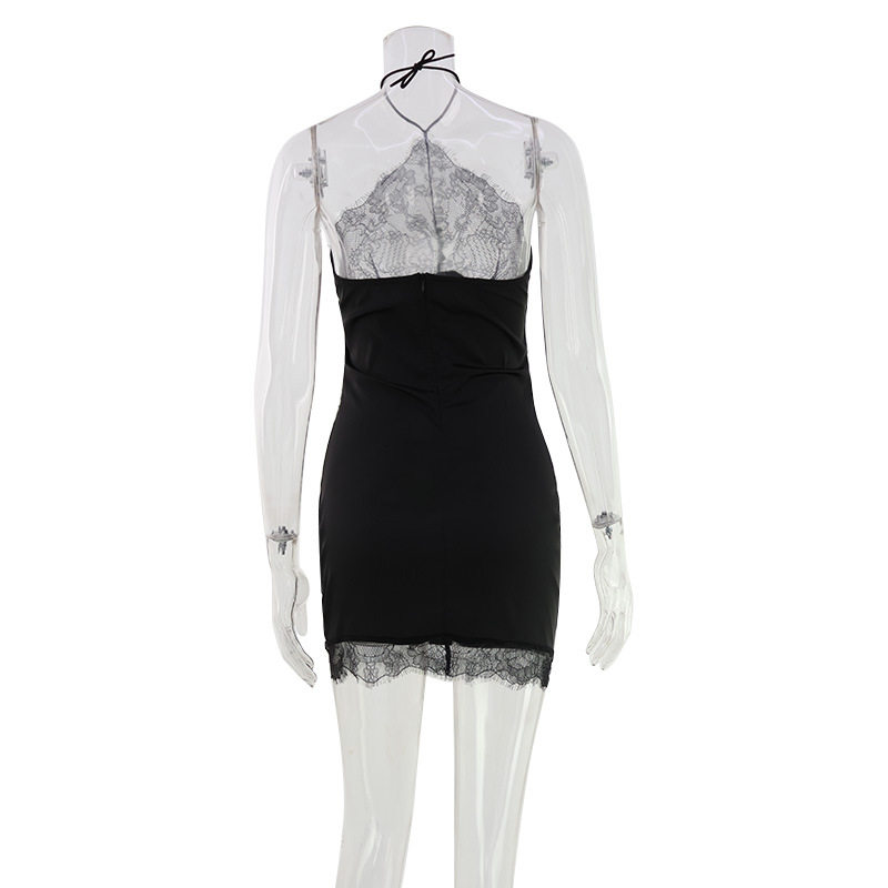 Backless Lace Panel Bodycon Dress Sexy Slim Fit Halter Neck Black Evening Wear Cocktail Party Wholesale