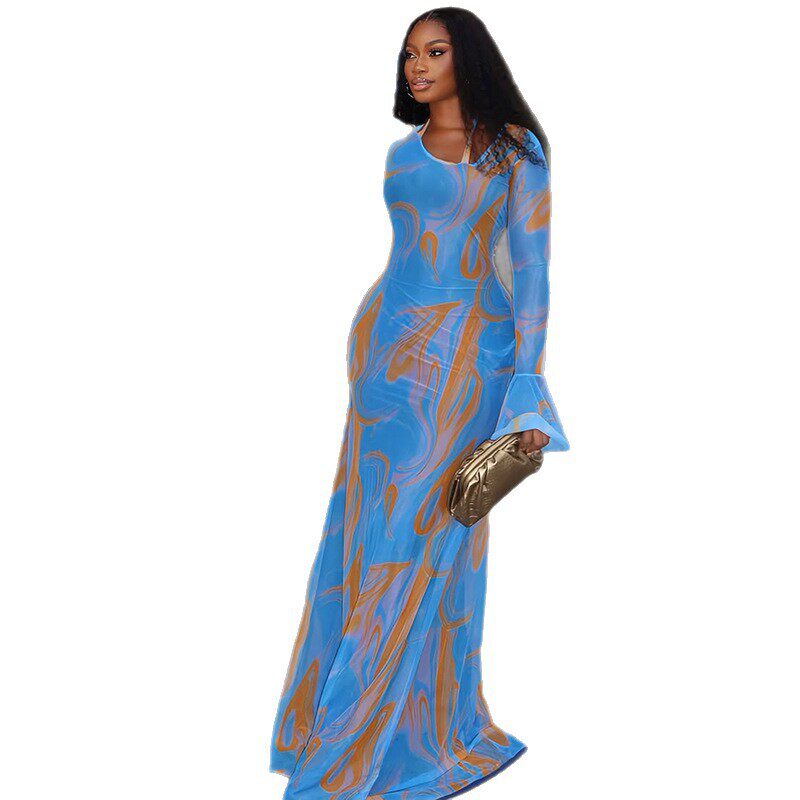 Tie Dye Maxi Dress Lightweight Sheer Slim Fit Flared Sleeves Casual Wear for Spring Summer Wholesale Available