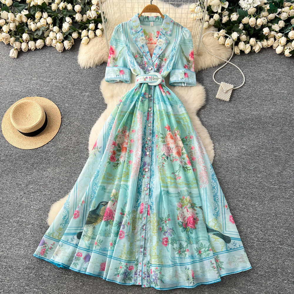 Vintage French Style Short Sleeve Printed Dress for Women V Neck Waist Defined A Line Flowy Skirt Summer Vacation