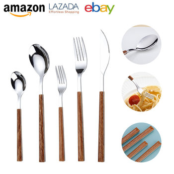 Customized Wood Grain Handle Stainless Steel Knife, Fork, and Spoon Stainless Steel Cutlery Set Imitation Wood Handle Steak Knife and Fork Western Cutlery