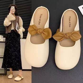 Bow 2025 New Style Slippers Fashionable Summer Women's Outer Slip-On Flats Lazy Toe Half Slippers for Women to Wear Outside