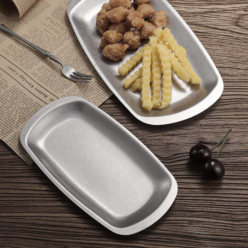 Retro Old Stainless Steel Rectangular Plate Flats Bottom Dish Snack Snack Plate Shallow Plate Commercial Barbecue Tray