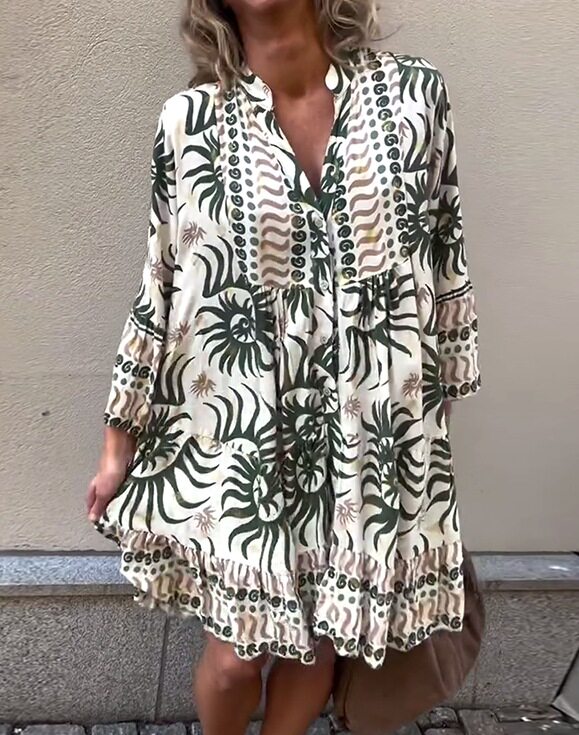 Floral Print V Neck Long Sleeve Loose Casual Dress Summer Collection Womens Fashion OEM Available