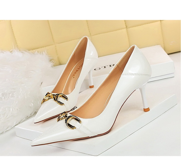 Giày cao gót nữ mũi nhọn da bóng gót nhọn trang trí khóa kim loại dự tiệc — 6122-7 đen 10.5CM, 6122-7 màu Đỏ 10.5CM, 6122-7 màu nude 10.5CM, 6122-7 màu xanh lá cây 10.5CM