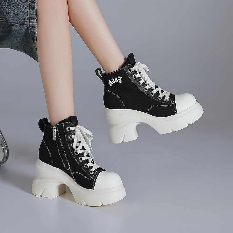 Boot nữ cổ ngắn tăng chiều cao 10cm gót thô đế dày phối màu — Lót nhung họa tiết hoa trắng đen, Lót nhung màu trắng đen, Màu hoa văn trắng đen, lót đơn, Màu trắng đen trơn, lót đơn