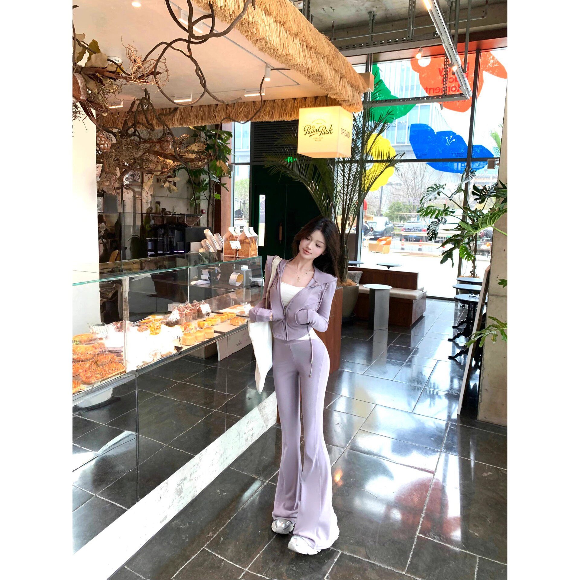 Casual Sports Suit Purple Hooded Waist Short Zipper Jacket Women's Autum Micro-Flared Pants Two-Piece Set