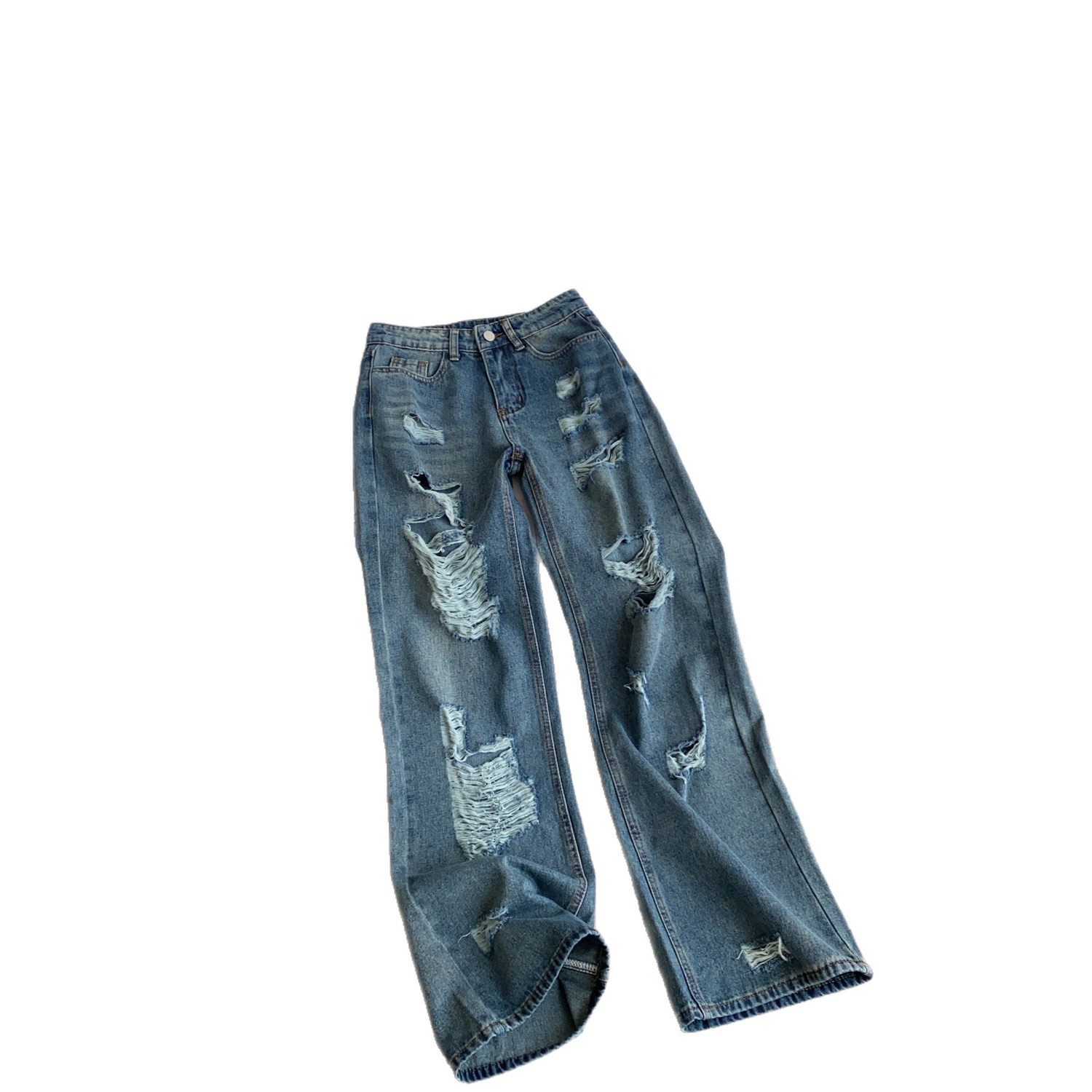 High Waisted Wide Leg Jeans for Women Korean Style Rhinestone Detail Distressed Design Casual Summer Wear Wholesale