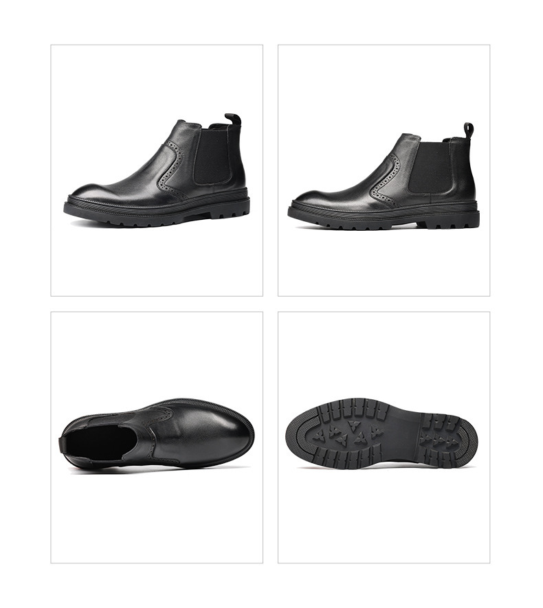 Boot Chelsea nam cổ trung da bò mềm lót nhung giữ ấm mũi tròn — Màu đen, Màu đen lót nhung, Màu xám nhạt
