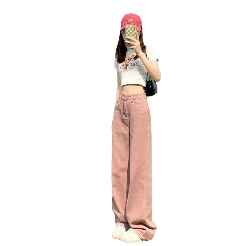 High Waisted Wide Leg Jeans for Women Dusty Pink Loose Fit Plus Size Street Style Perfect for Spring and Autumn