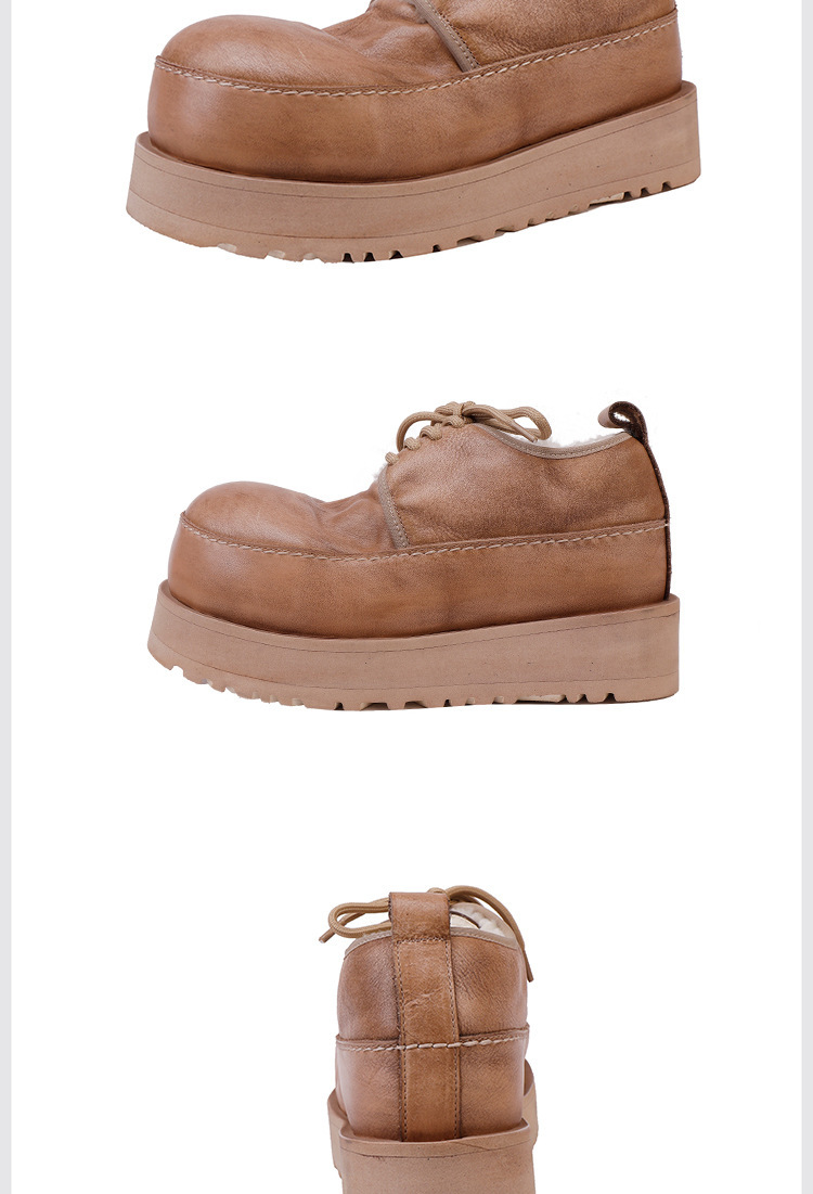 Giày boot nữ cổ cao da bò lót lông cừu đế dày buộc dây — Kaki, màu đen