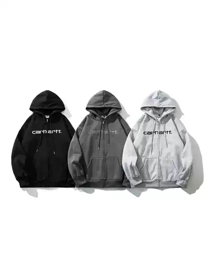 2025Carh Carhartt Trendy Brand Velvet Hooded Zipper Cardigan Stereo Embroidered Sweatshirt Cross-Border Men's and Women's Jacket
