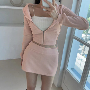 Spring and Summer New Style Slim-Fitting Short Hooded Zipper Cardigan Jacket with Lining, Low-Waist Hip-Covering Short Skirt Two-Piece Set