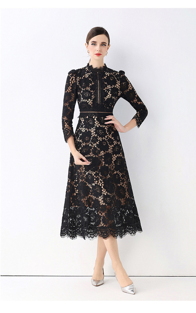 French Elegant A Line Dress Round Neck Hollow Lace Waist Defining Slim Fit Autumn Fashion for Special Occasions