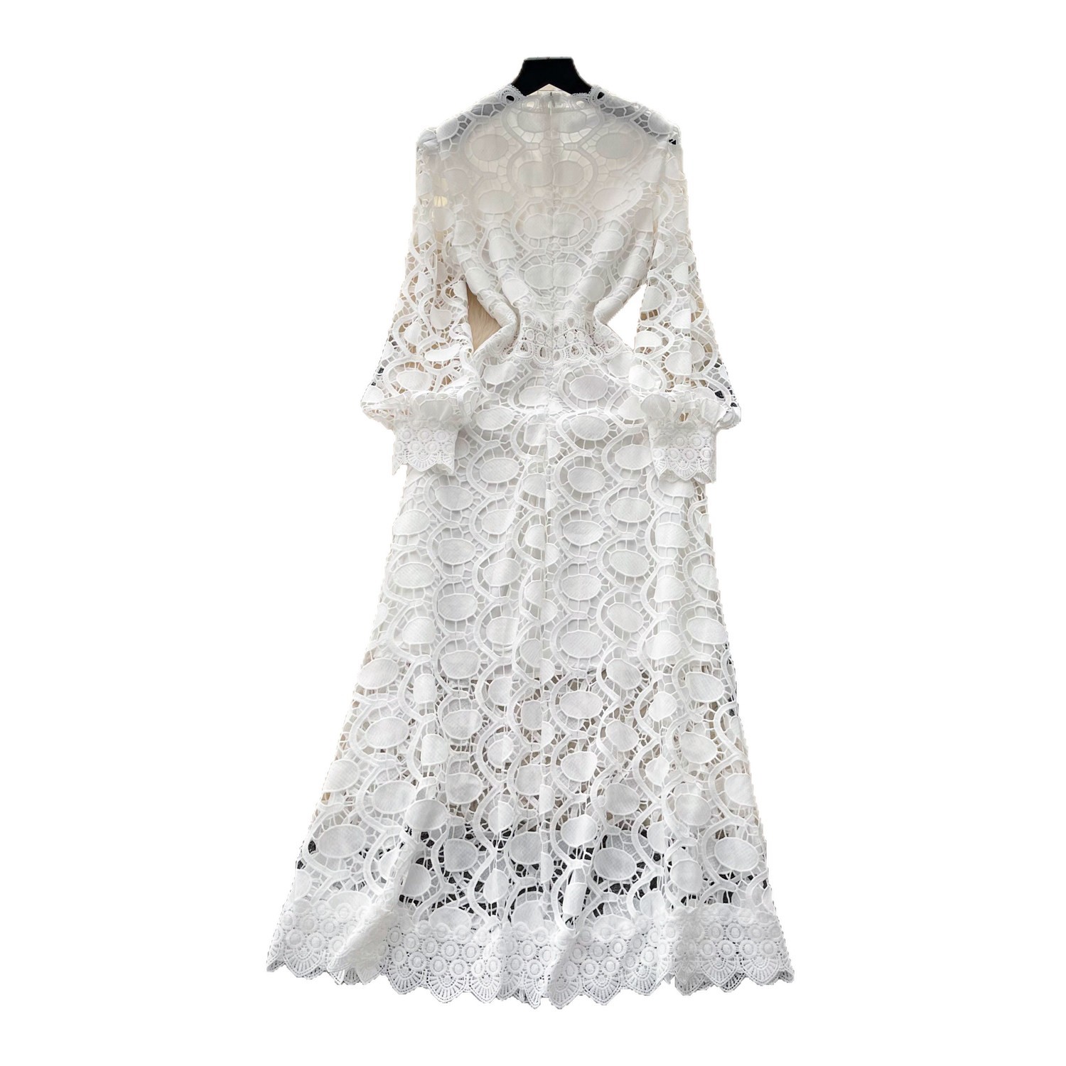 French Vacation Style Hollow Lace A Line Dress for Women Summer Elegant Slim Fit Korean Design Wholesale Available