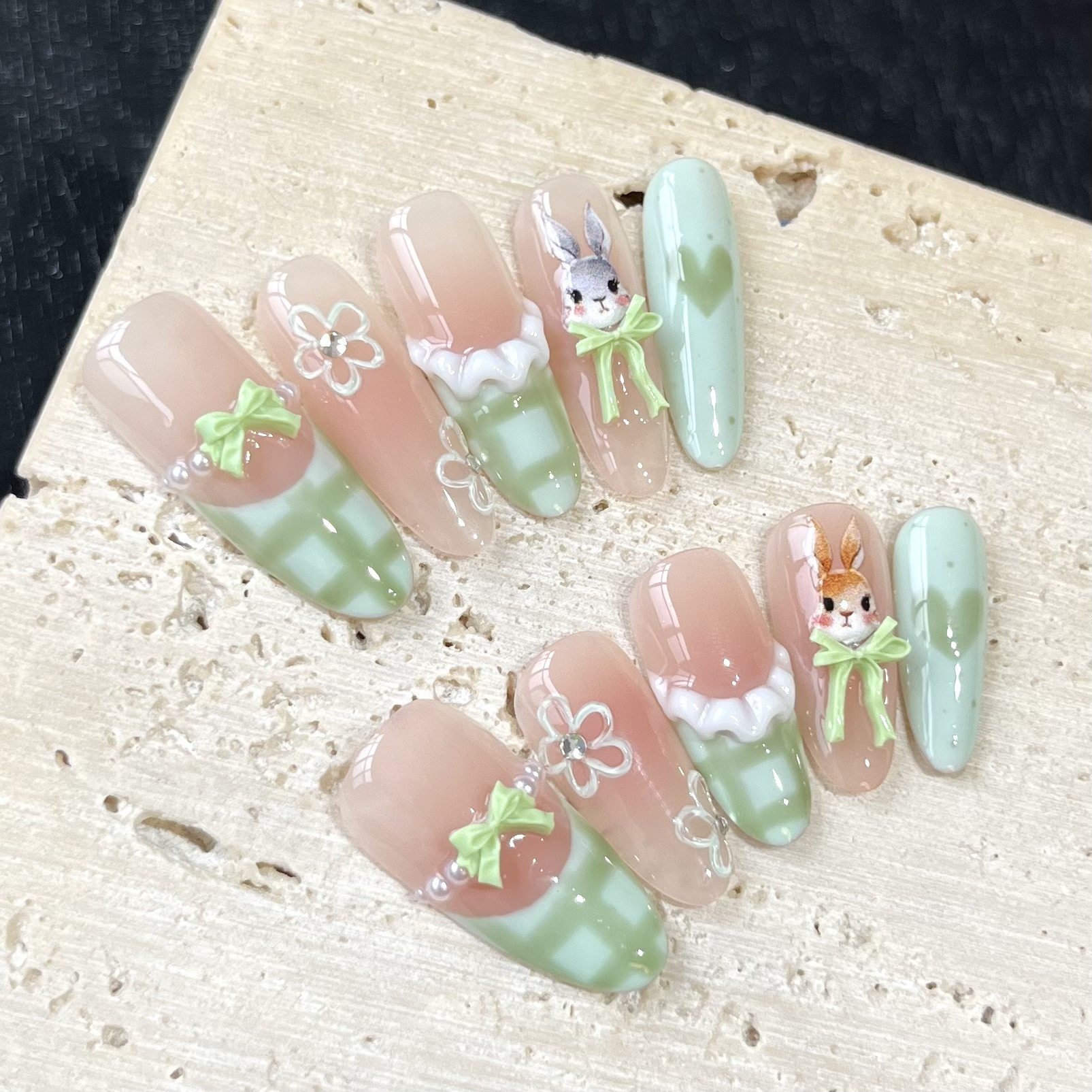 [Pastoral Bunny]Purely Handmade Wearable Nails, French Plaid Lace Skirt Style Nail Art, High-End Wearable Nail Products Wholesale