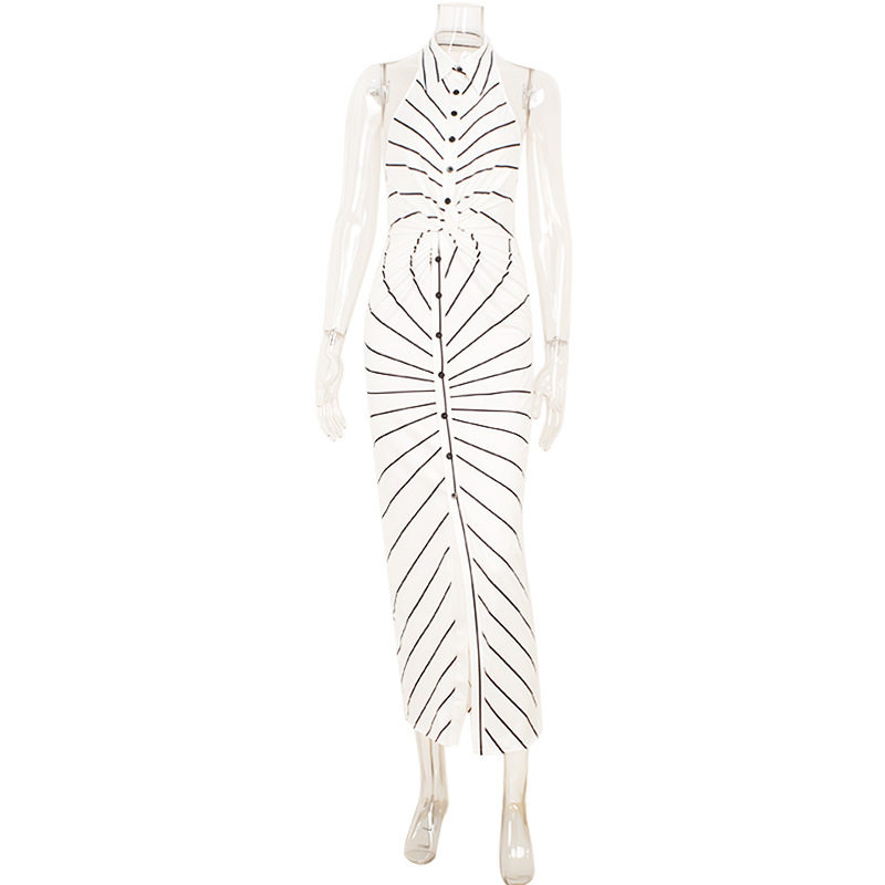 Striped Print Halter Neck V Neck Dress Twist Front Backless Waist Cinching Elegant Evening Gown for Special Occasions