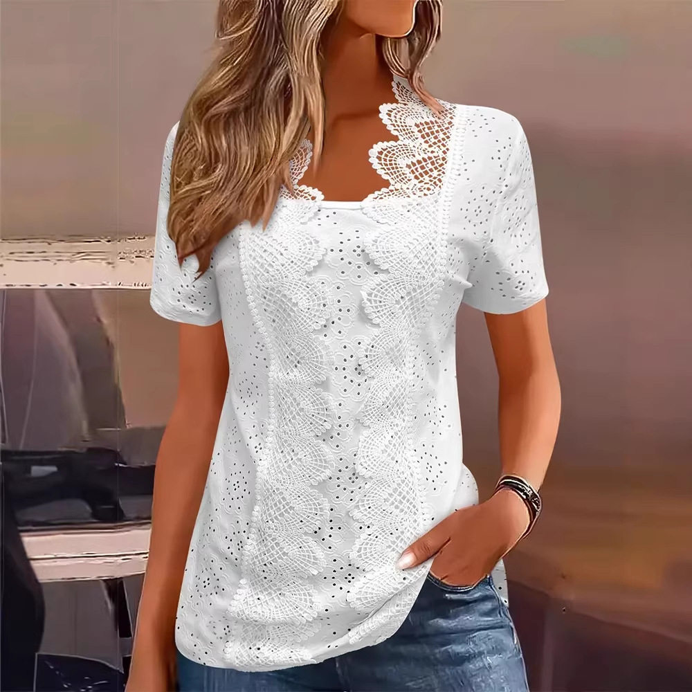Lace Trim Short Sleeve T Shirt Solid Color Fashionable Versatile Womens Casual Wear Wholesale Available