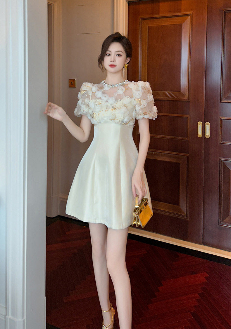 Đầm suông midi tay bồng cổ tròn phong cách Pháp họa tiết hoa — [Màu hồng đào] chi tiết 7