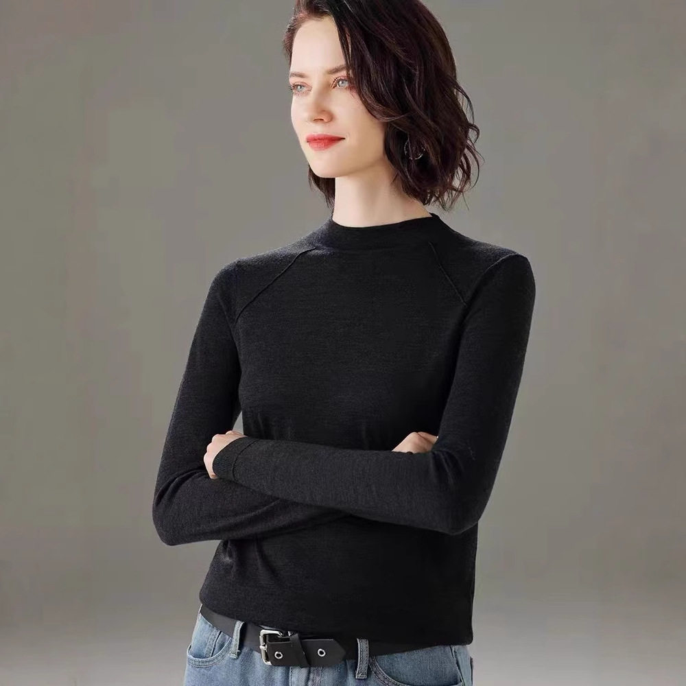 100%美丽诺羊毛衫2025秋冬圆领纯色修身显瘦气质针织衫打底衫