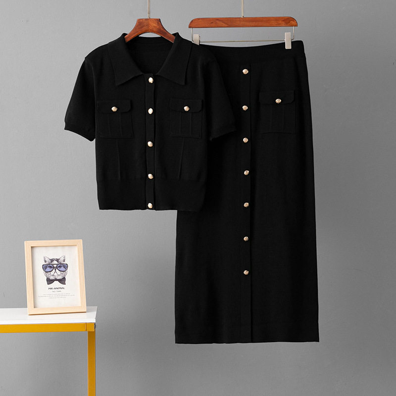 Spring and Summer French High-End Knitted Suit Fashionable Polo Collar Buttons + Slim Mid-Length Skirt Two-Piece Set for Women