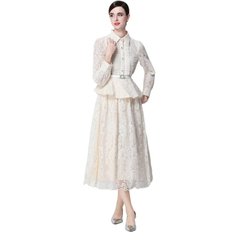 Celebrity French-Style Heavy Mesh Embroidery Lapel Waist Slimming Shirt Fairy Exquisite Age-Reducing Long Skirt Two-Piece Set