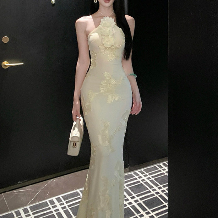 Backless Mermaid Long Dress Floral 3D Design Elegant Fit Sheer Fabric Perfect for Birthdays and Special Occasions