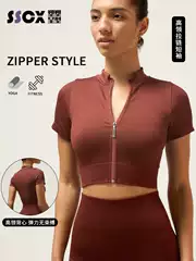 Summer Ribbed Short-Sleeved Yoga Top with Zipper, Breathable Running Jacket, High-Neck Yoga Wear, Sports Short-Sleeved Clothing for Women