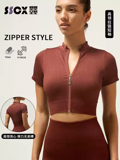 Summer Ribbed Short-Sleeved Yoga Top with Zipper, Breathable Running Jacket, High-Neck Yoga Wear, Sports Short-Sleeved Clothing for Women