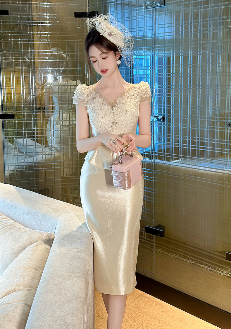 Đầm ôm body nữ cổ V tay ngắn dáng midi dự tiệc hè 2025 — [Màu hồng đào] chi tiết 7
