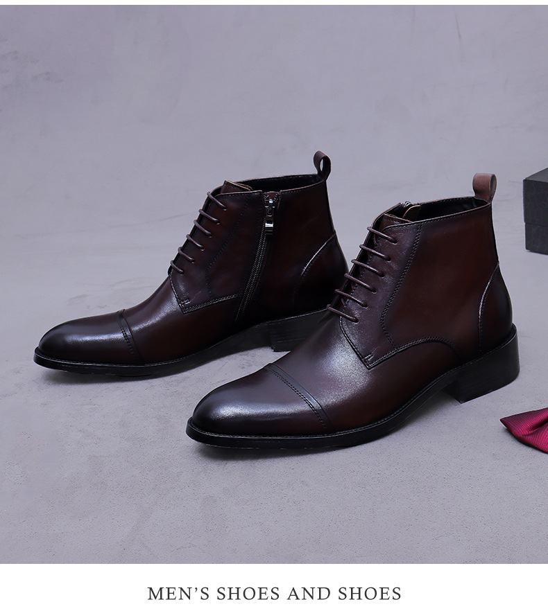 Giày boot nam cổ thấp da bò thật dây kéo phong cách công sở — đen, nâu