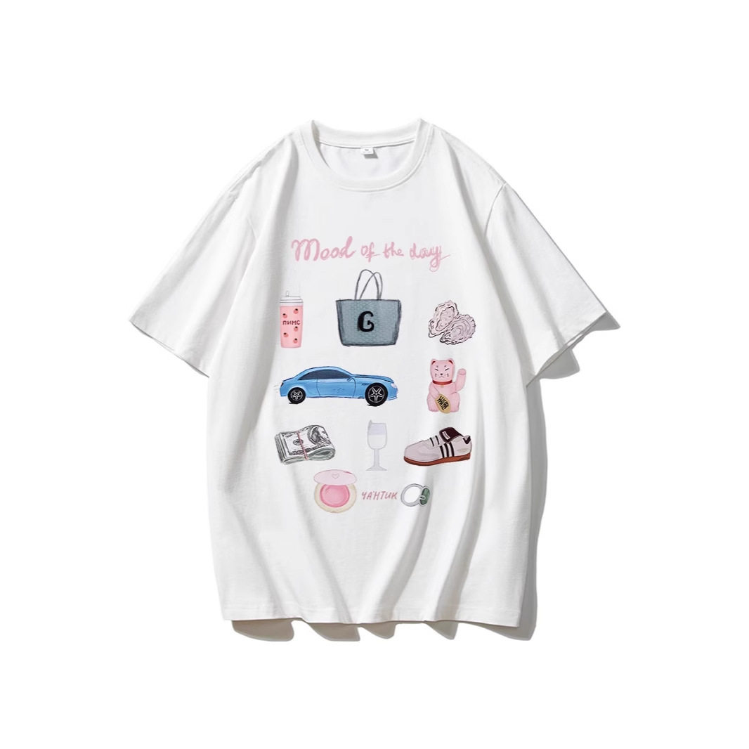 Womens Summer Loose Fit Cotton T Shirt Hand Painted Floral Print Casual Round Neck Short Sleeve Wholesale Available
