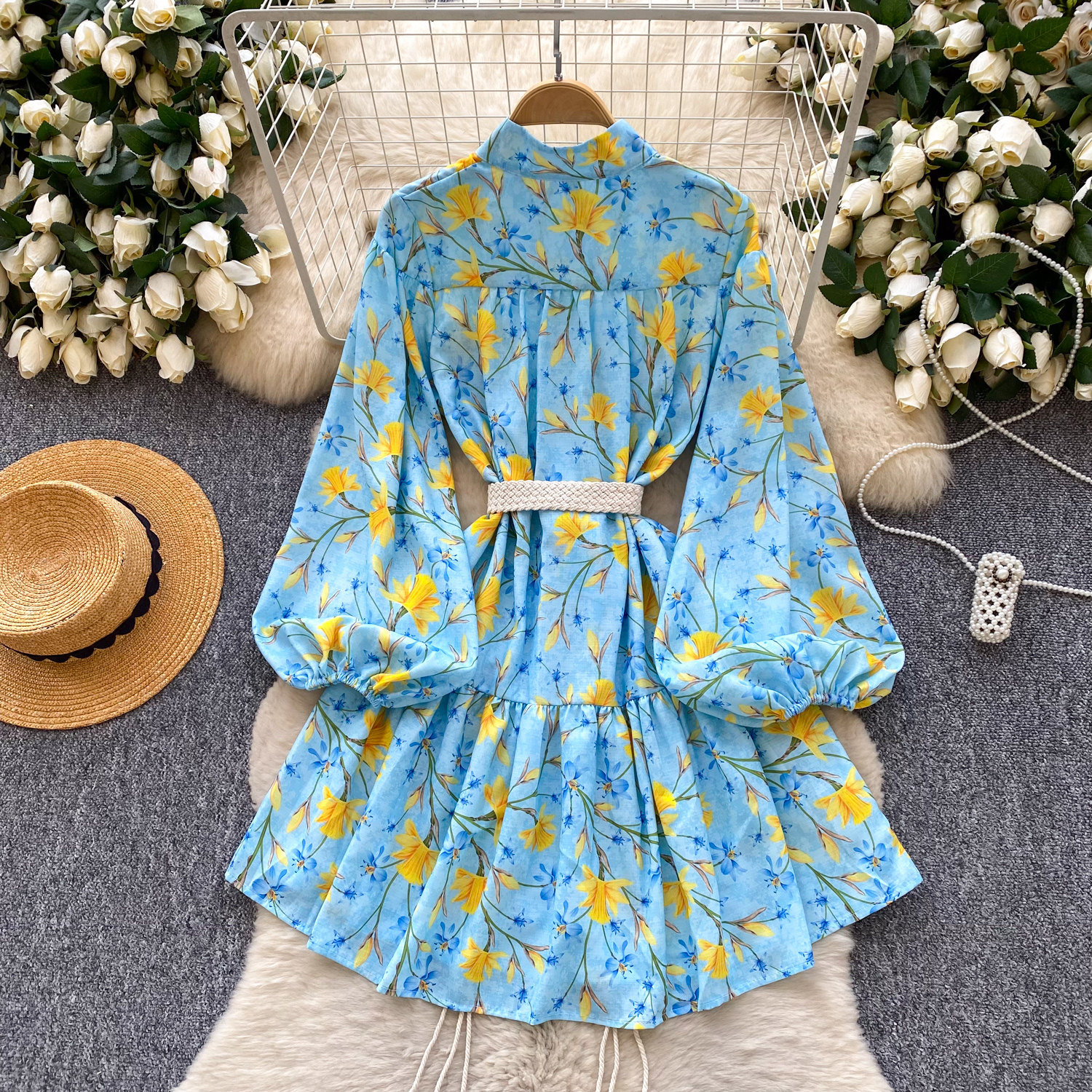 Vintage French Style Blue Floral Long Sleeve Dress Stand Collar Tie Waist Slim Fit A Line Elegant for Spring and