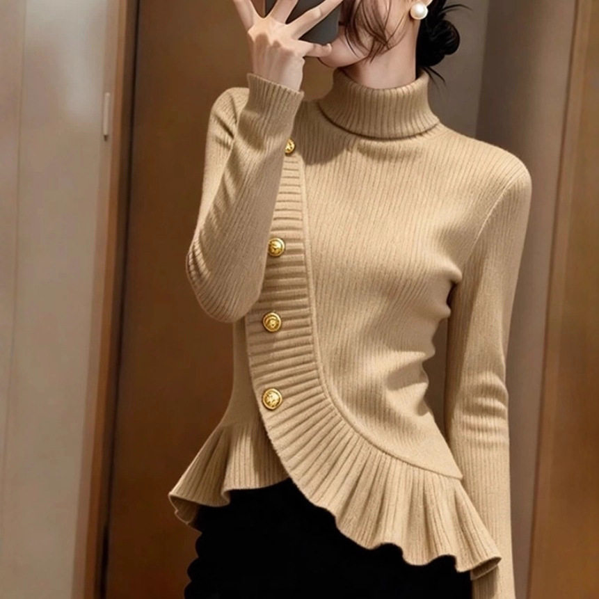 高级感超好看卡其色高领毛衣女秋冬独特绝美掐腰荷叶边长袖针织衫