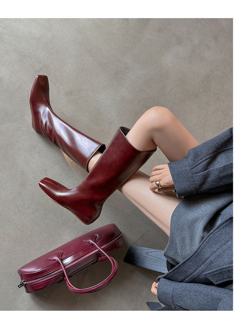 Boot nữ cổ cao mũi vuông gót xuồng tôn dáng — Ankela đỏ lót trong, Lớp lót đơn màu đen, Lớp lót đơn màu nâu, Lót nhung đen
