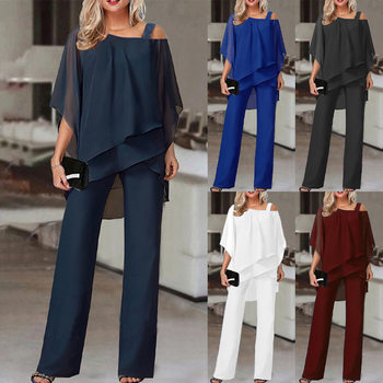 Bat Sleeve Top Trousers Women's Casual Off-Shoulder Irregular Party Suit Elegant Two-Piece Set 2025 Spring, Summer and Autumn 66