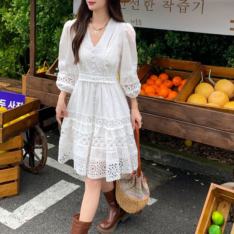 Womens Long Sleeve Dress French Style Slim Fit V Neck Lace Button Closure Perfect for Casual or Formal Occasions