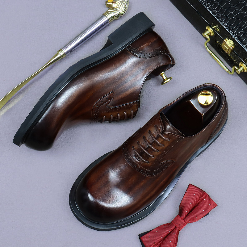 Giày Oxford nam da bò thật kiểu Brogue cổ điển mũi tròn buộc dây — Màu xám đậm, Màu cà phê